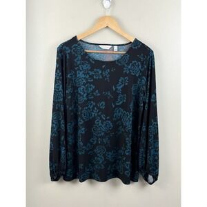 Susan Graver Blouse Top Sz M Dark Floral Long Sleeves Stretch Liquid Knit